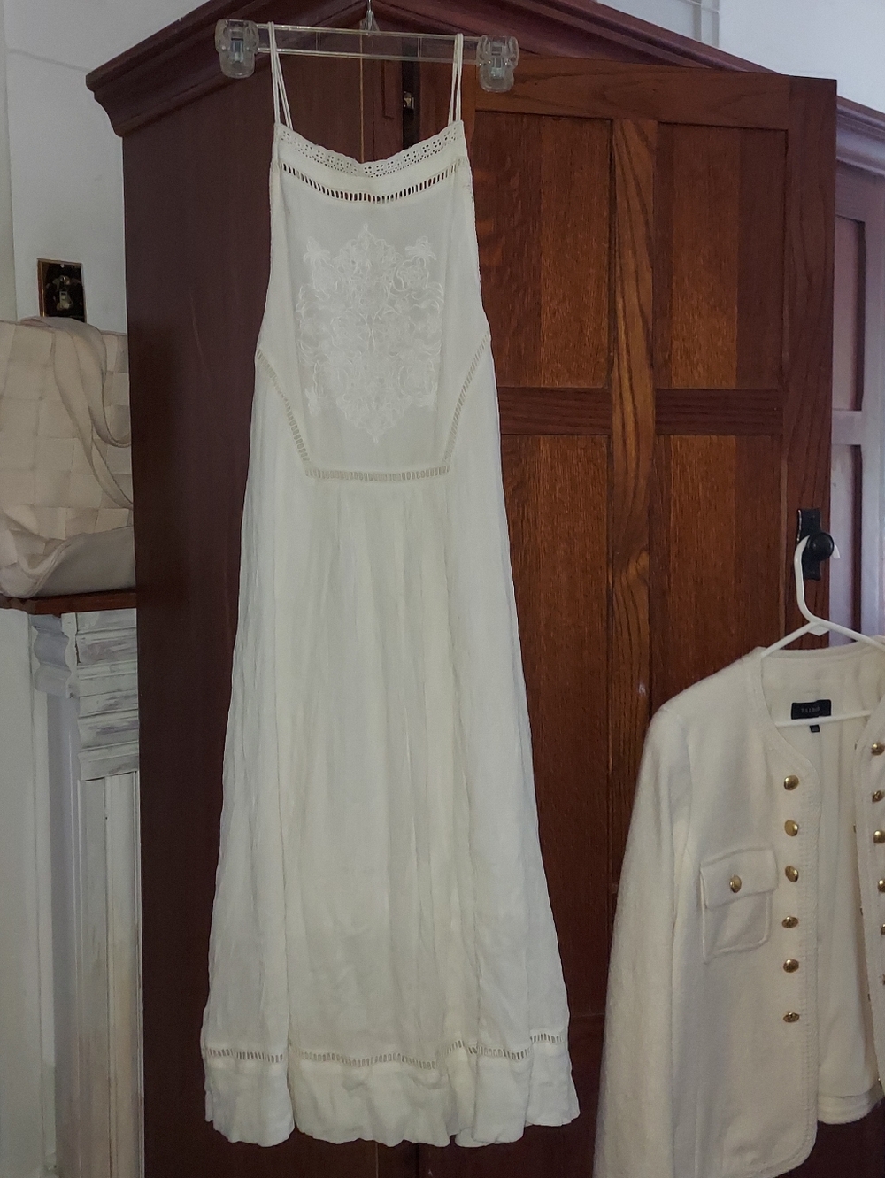 Bib Boho Eyelet Lace Long Soft Spaghetti Strap Ivory Sundress High Square Neck